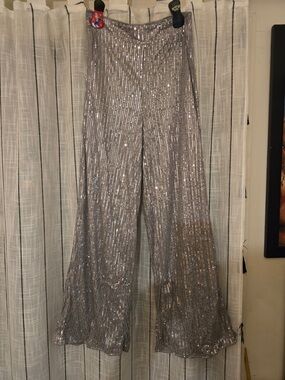 Source Unknown Silver Sequin Wide-Leg Pants
